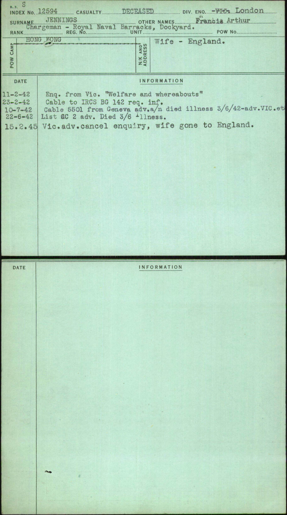 Jennings, Francis Arthur, [No Service Number]