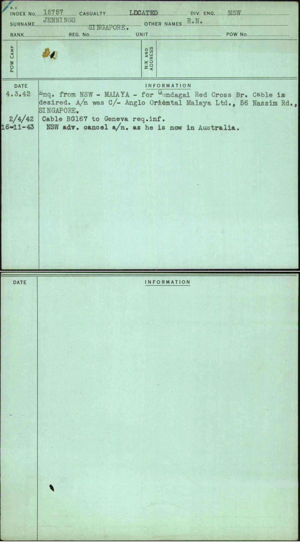 Jennings, R N, Singapore