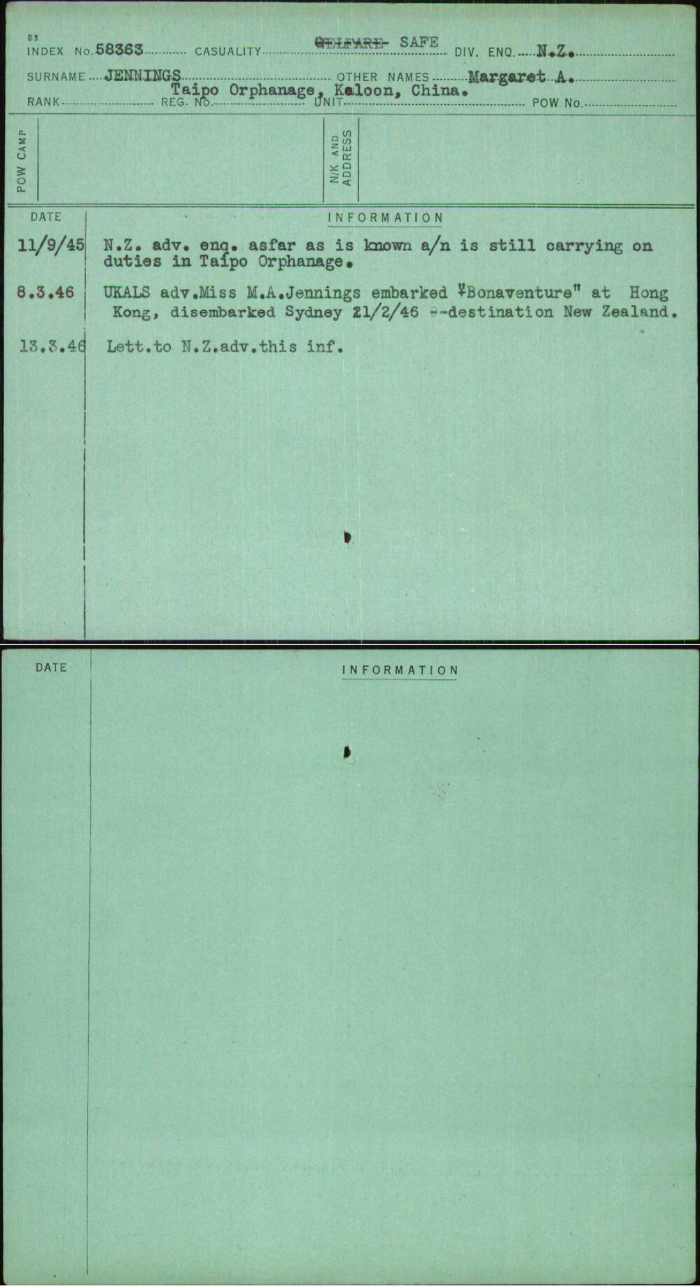Jennings, Margaret A, Taipo Orphanage Keloon China