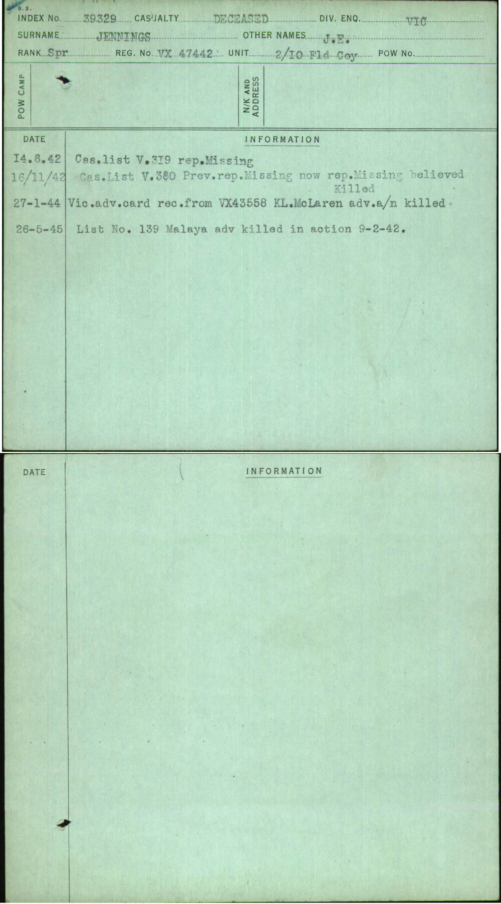 Jennings, J E, VX47442