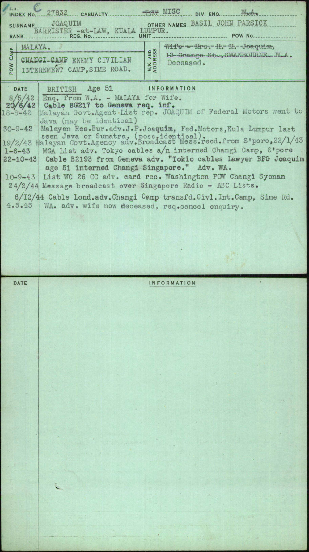 Joaquim, Basil John Parsick, [No Service Number]