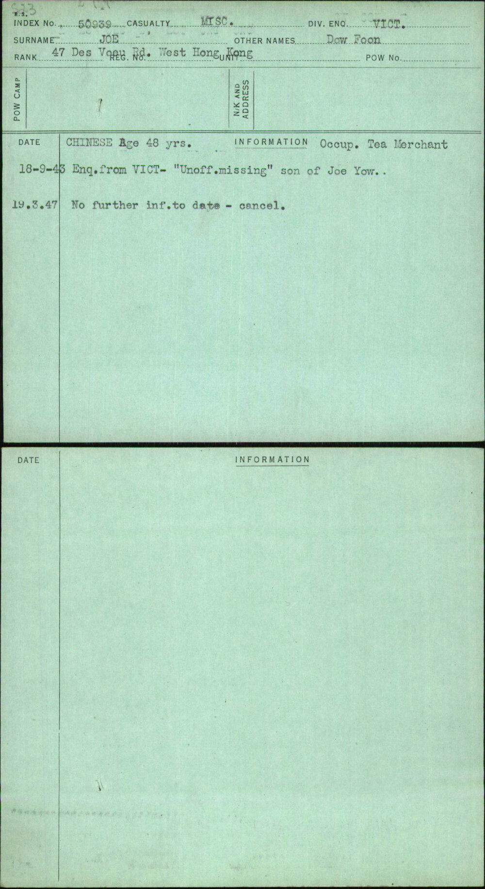 Joe, Dow Foon, [No Service Number]