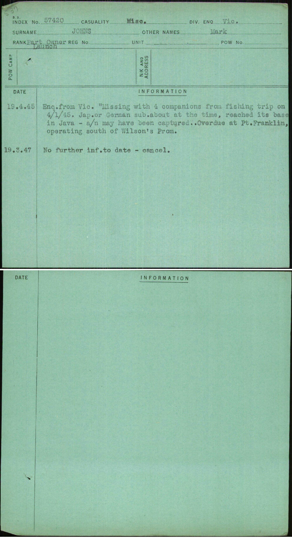 Johns, Mark, [No Service Number]