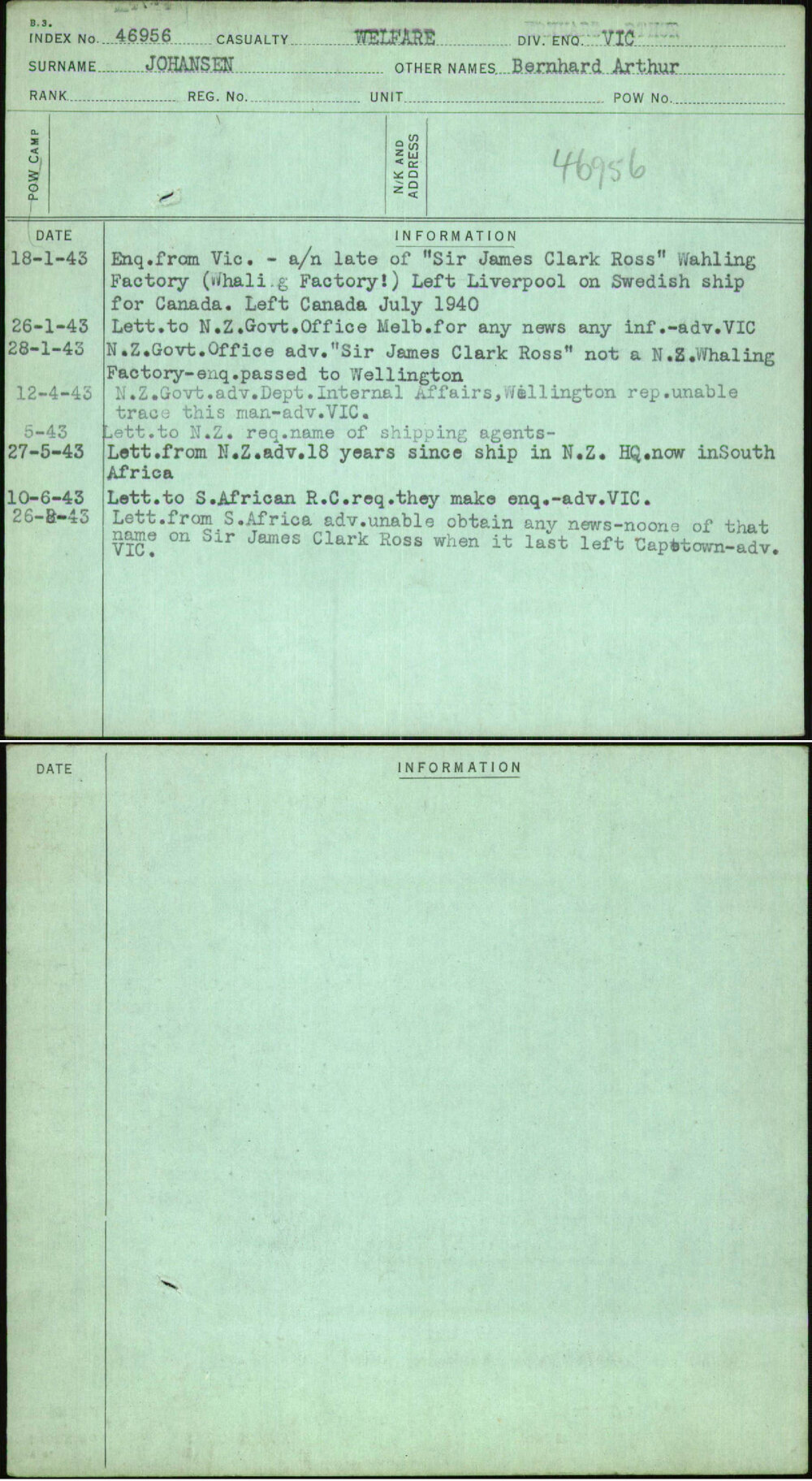 Johansen, Bernhard Arthur, [No Service Number]