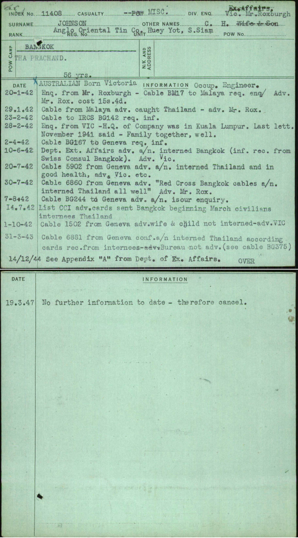 Johnson, C H, Anglo Oriental Tin Co Huey Yot S Siam