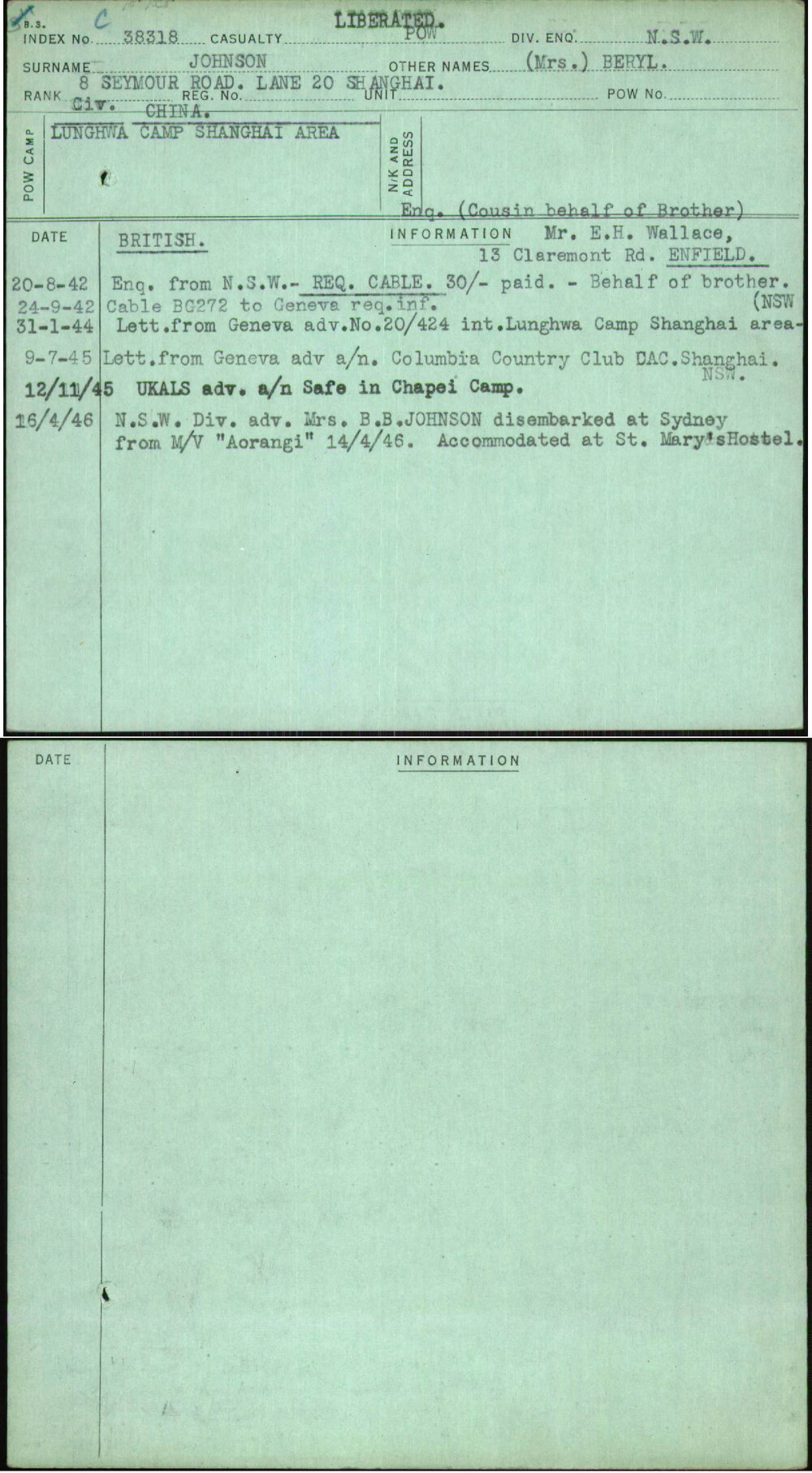 Johnson, (Mrs) Beryl, [No Service Number]