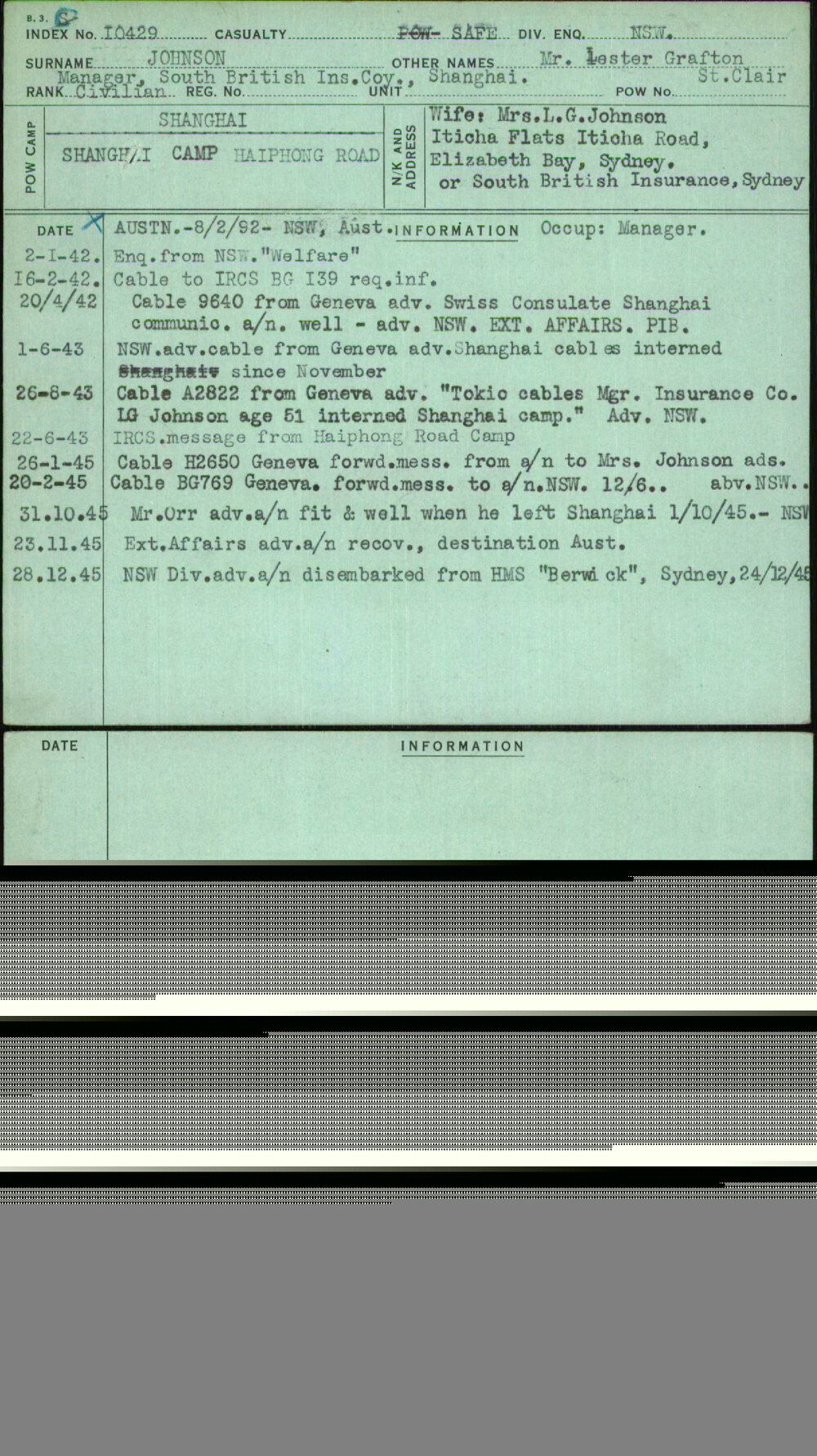 Johnson, Mr Lester Grafton St Clair, [No Service Number]