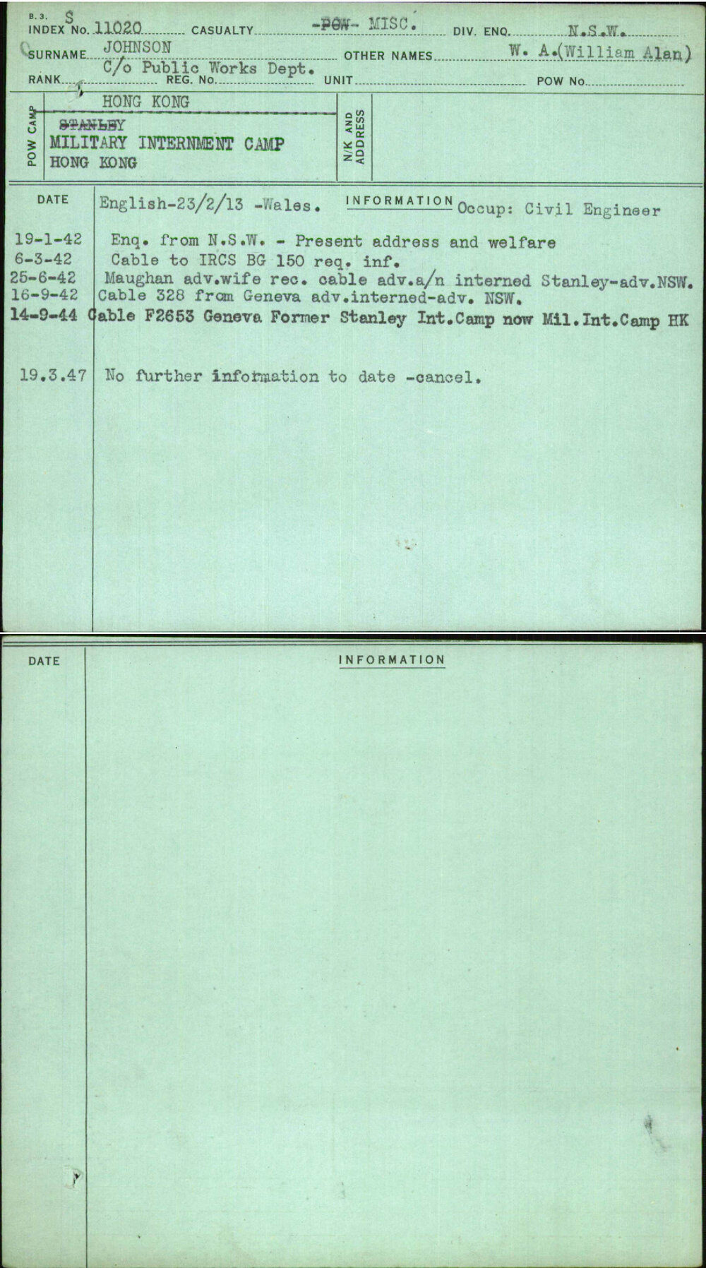 Johnson, W A (William Alan), [No Service Number]