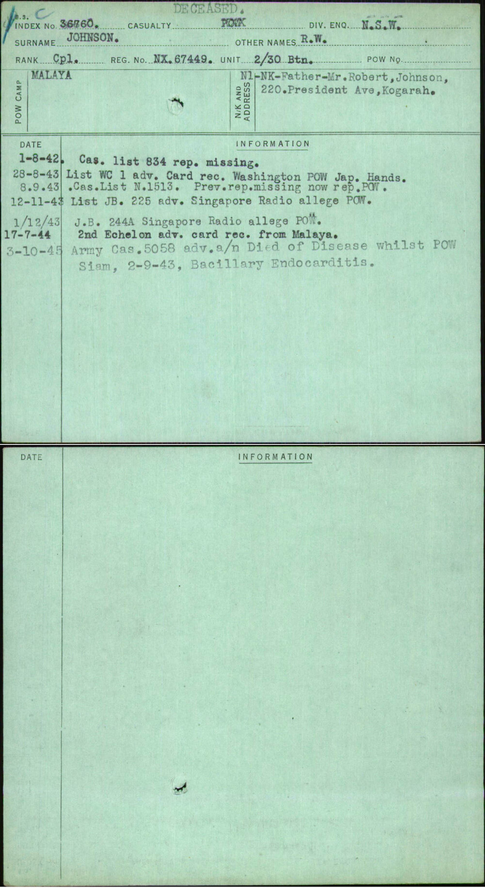 Johnson, R W, NX67449