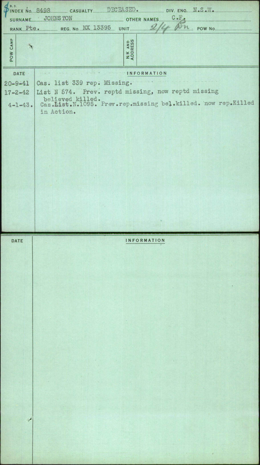 Johnston, C F, NX13395