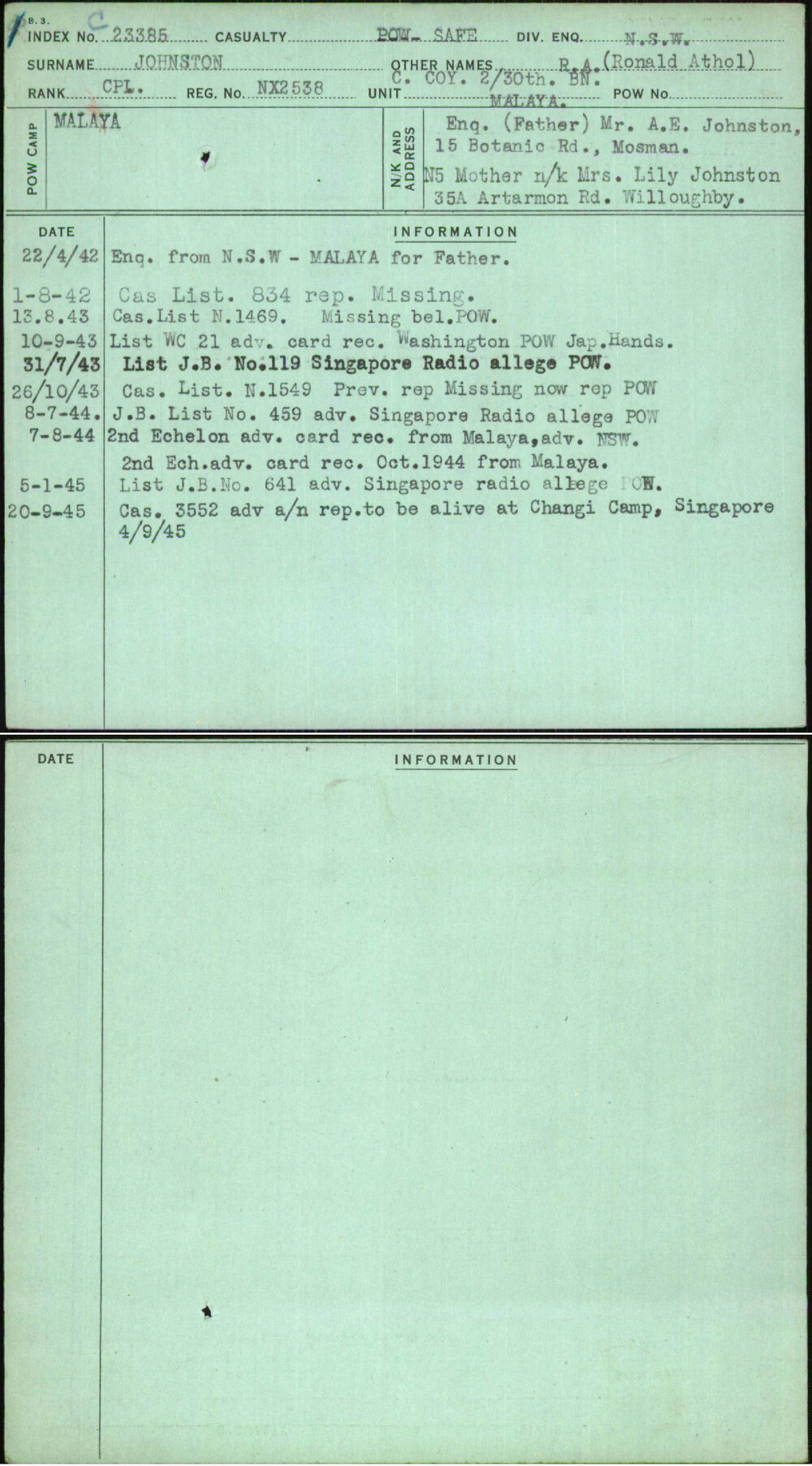Johnston, R A (Ronald Athol), NX2538