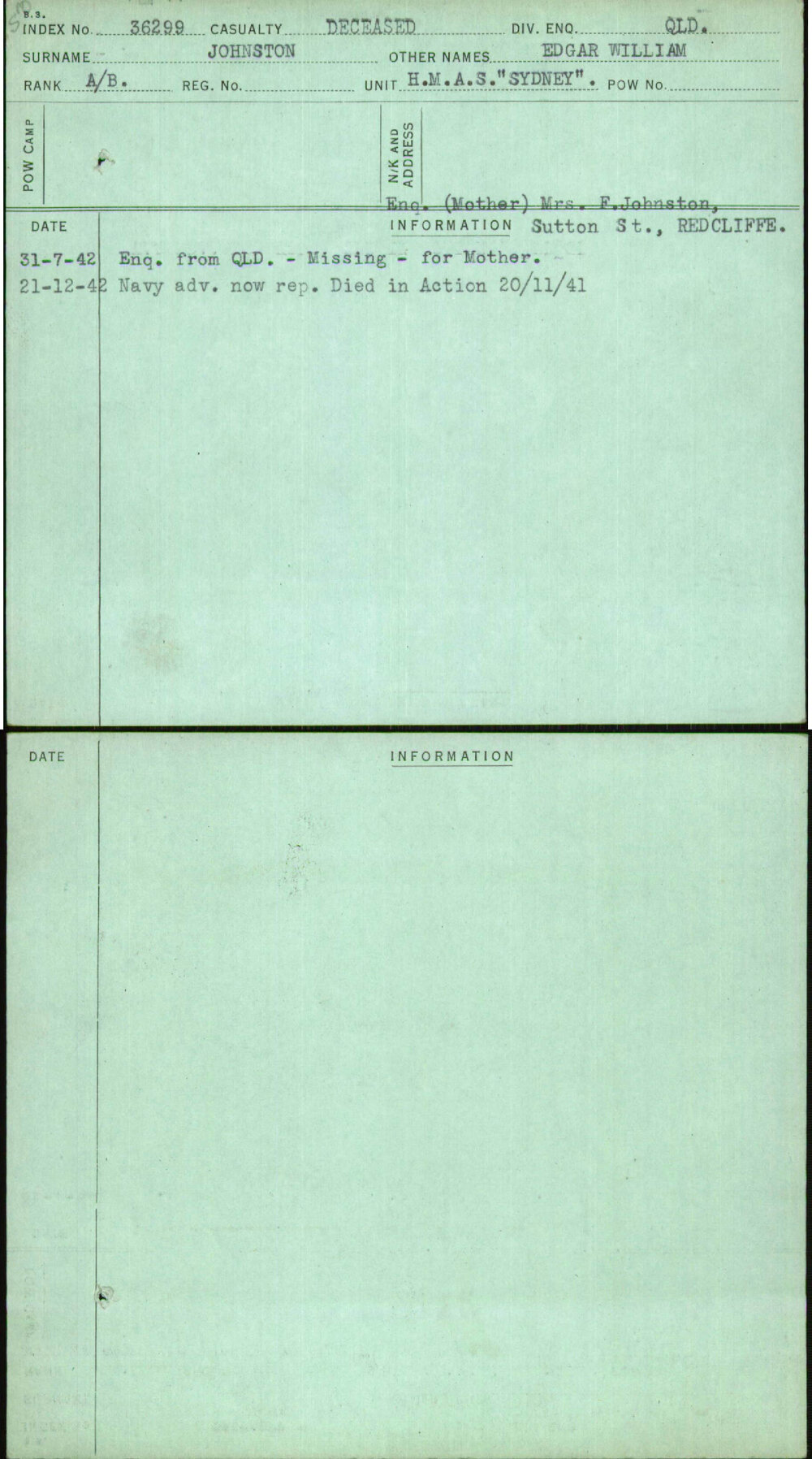 Johnston, Edgar William, [No Service Number]