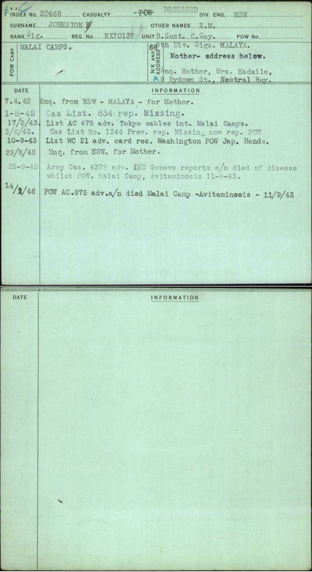 Johnston, R M, NX70137