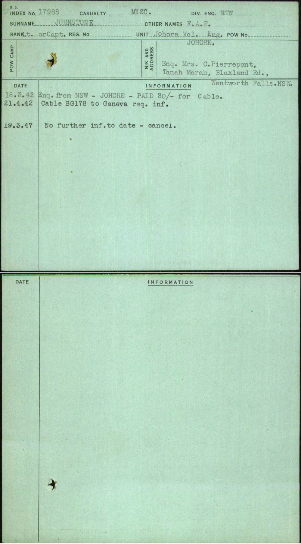 Johnstone, F A F, [No Service Number]