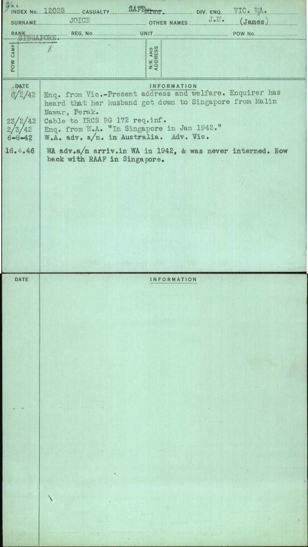 Joice, J M (James), [No Service Number]