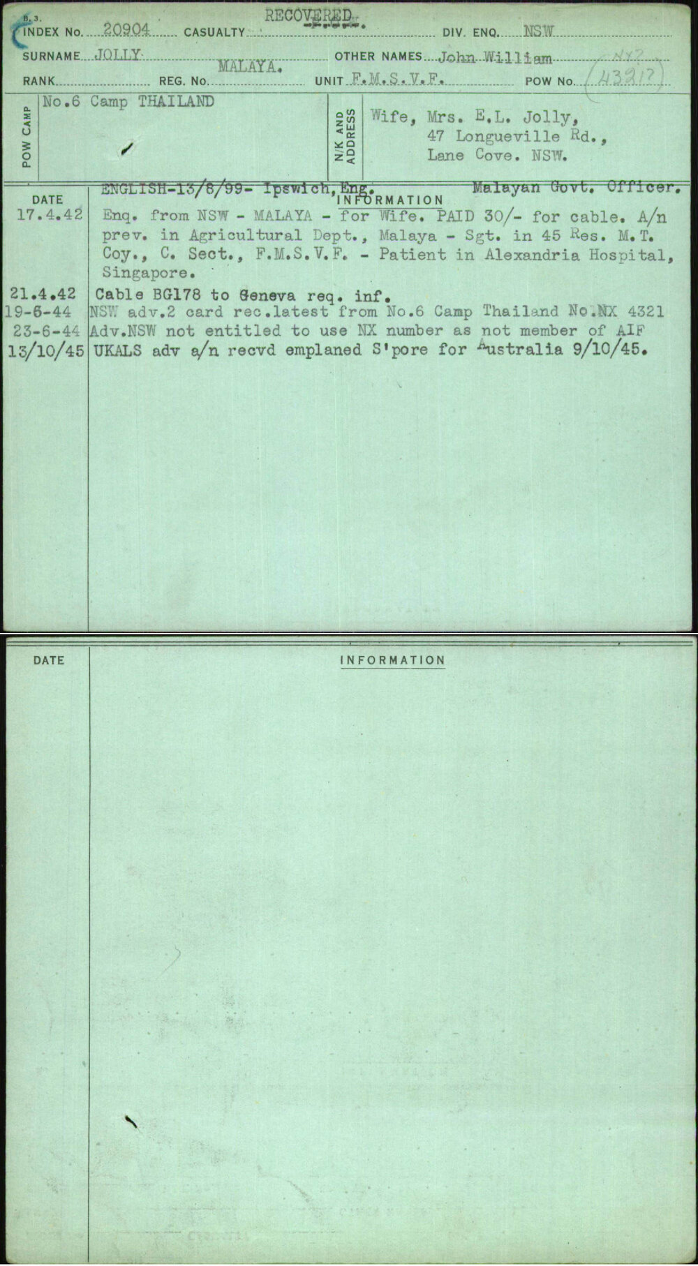 Jolly, John William, Malaya