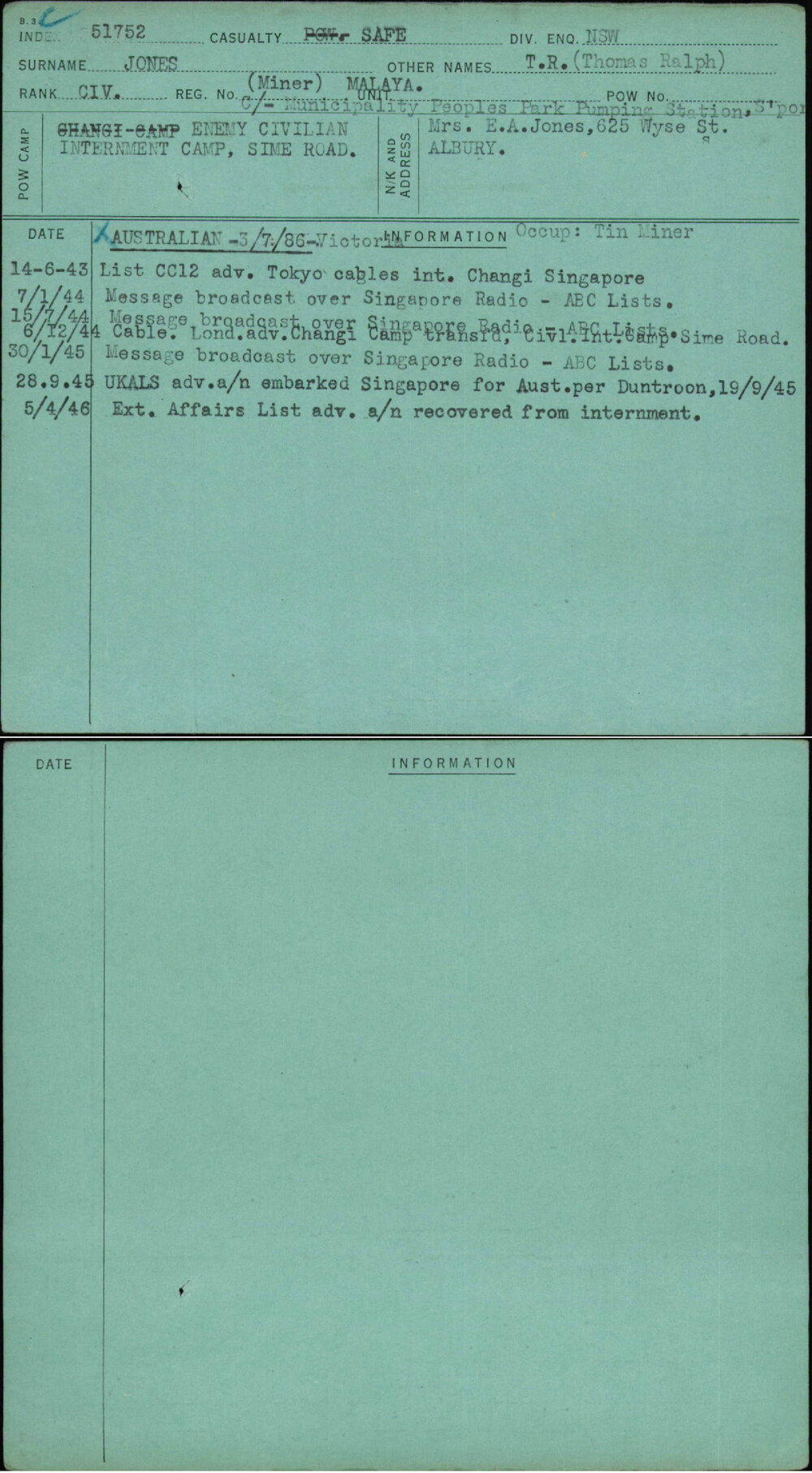 Jones, T R (Thomas Ralph), (Miner) Malaya