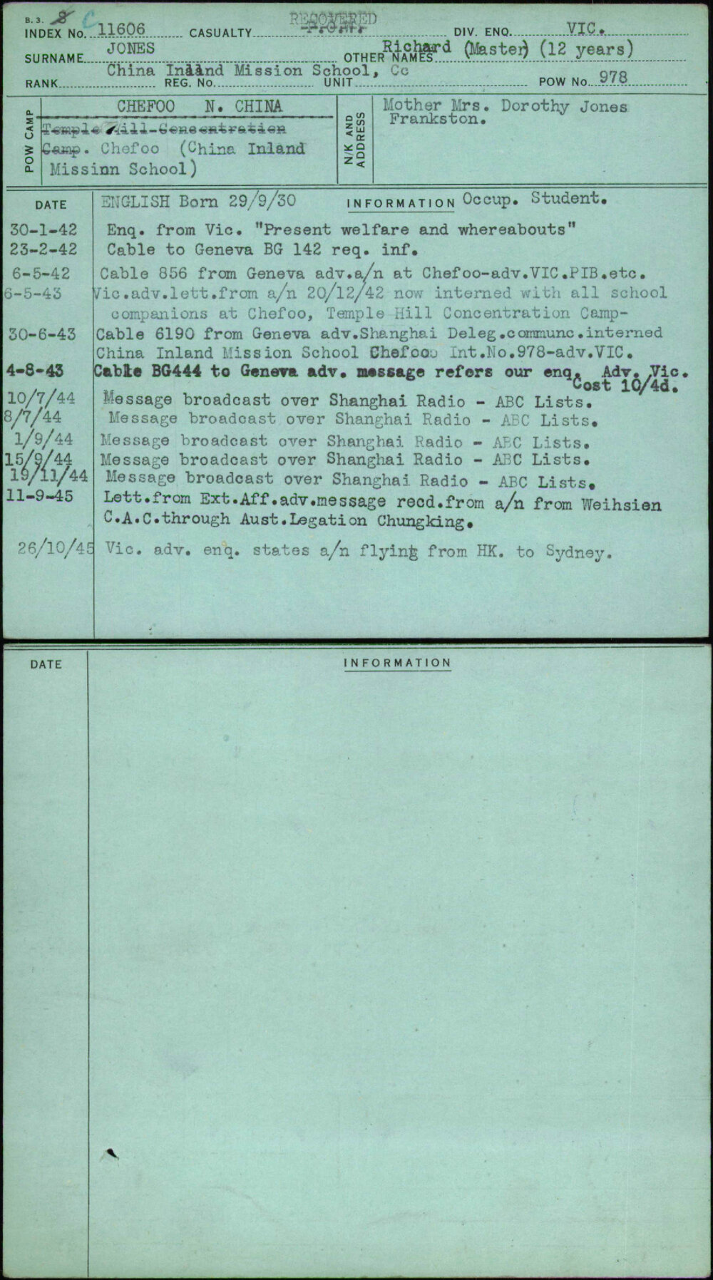 Jones, Richard (Master) (12 Years), China Inland Mission School-Cc