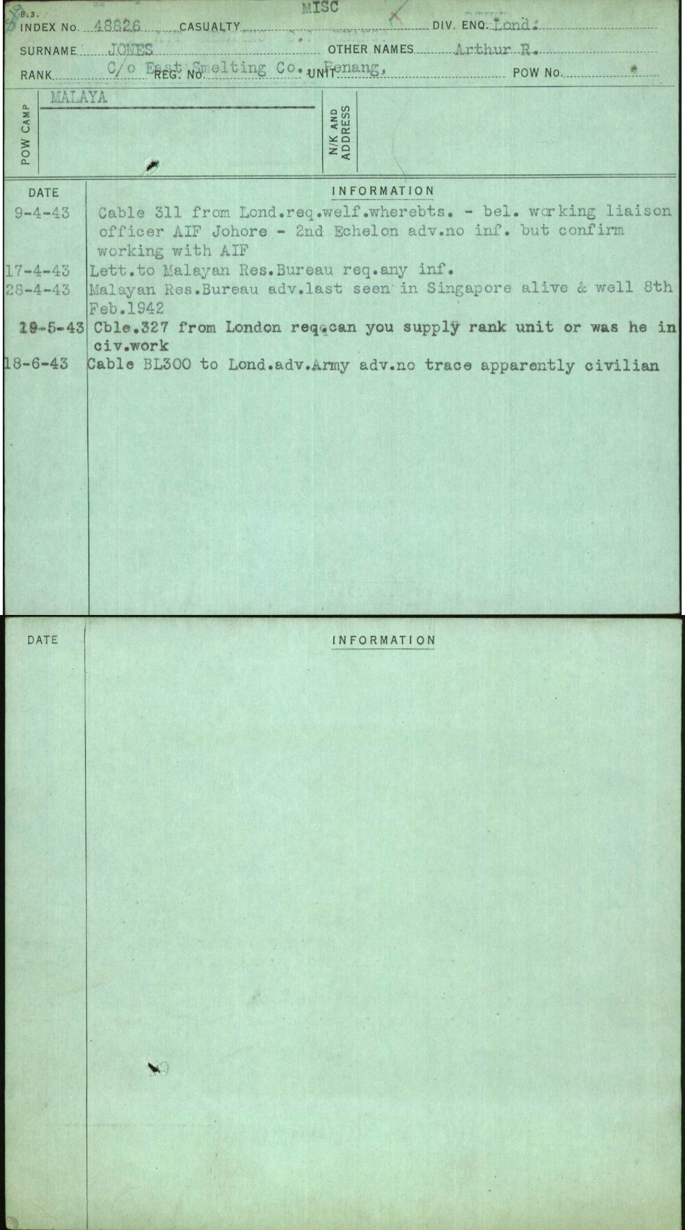 Jones, Arthur R, C-O East Smelting Co Penang