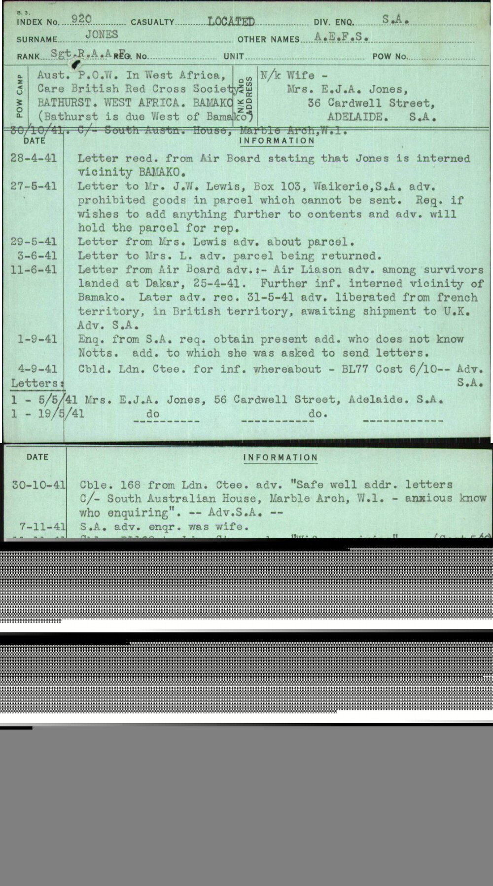 Jones, A E F S, [No Service Number]