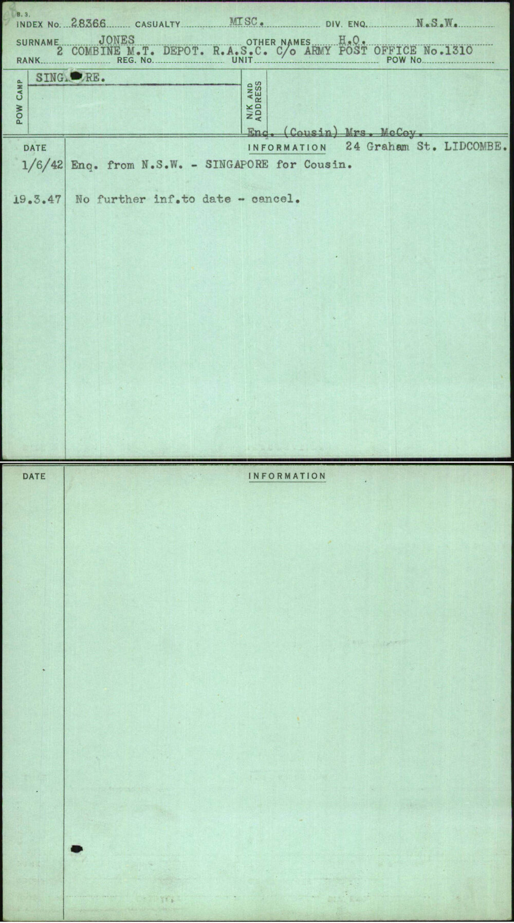 Jones, H O, [No Service Number]