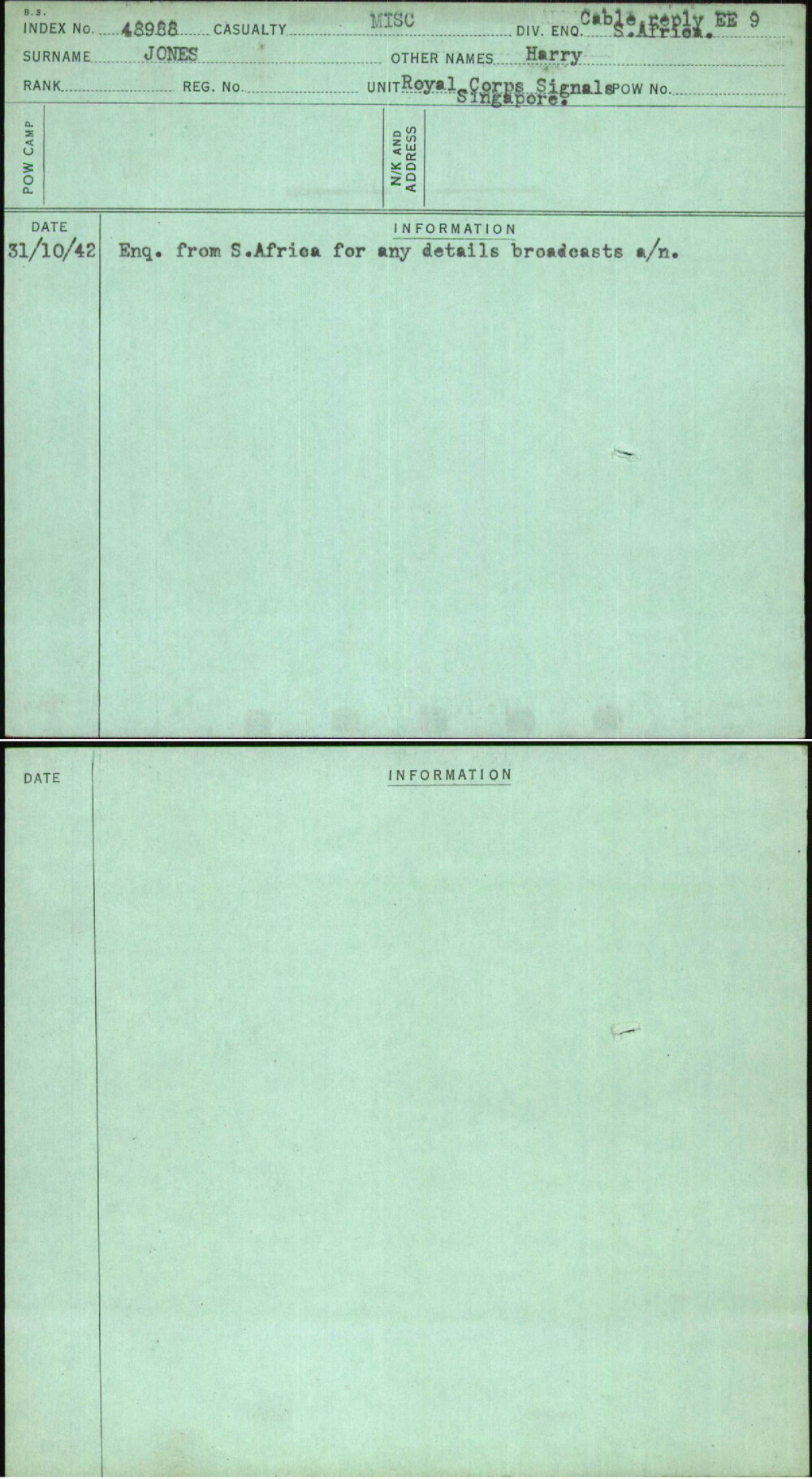 Jones, Harry, [No Service Number]