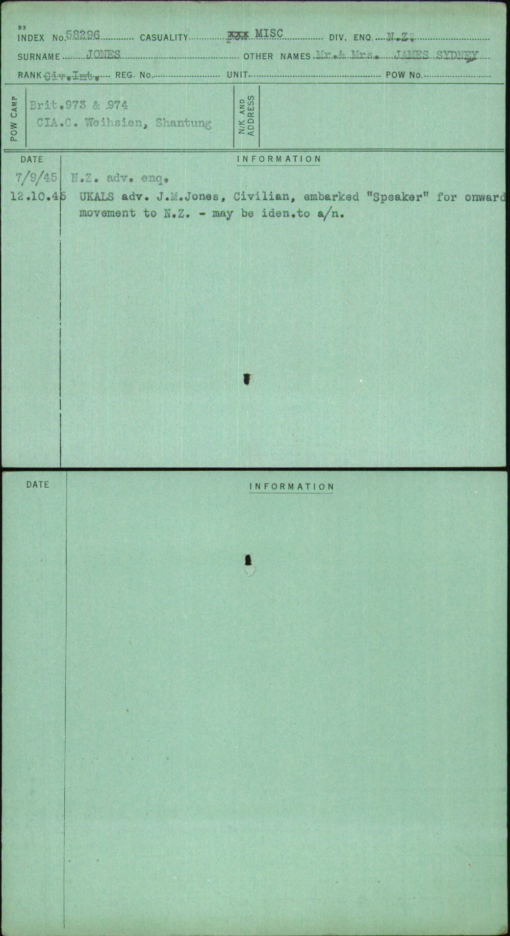 Jones, Mr &amp; Mrs James Sydney, [No Service Number]