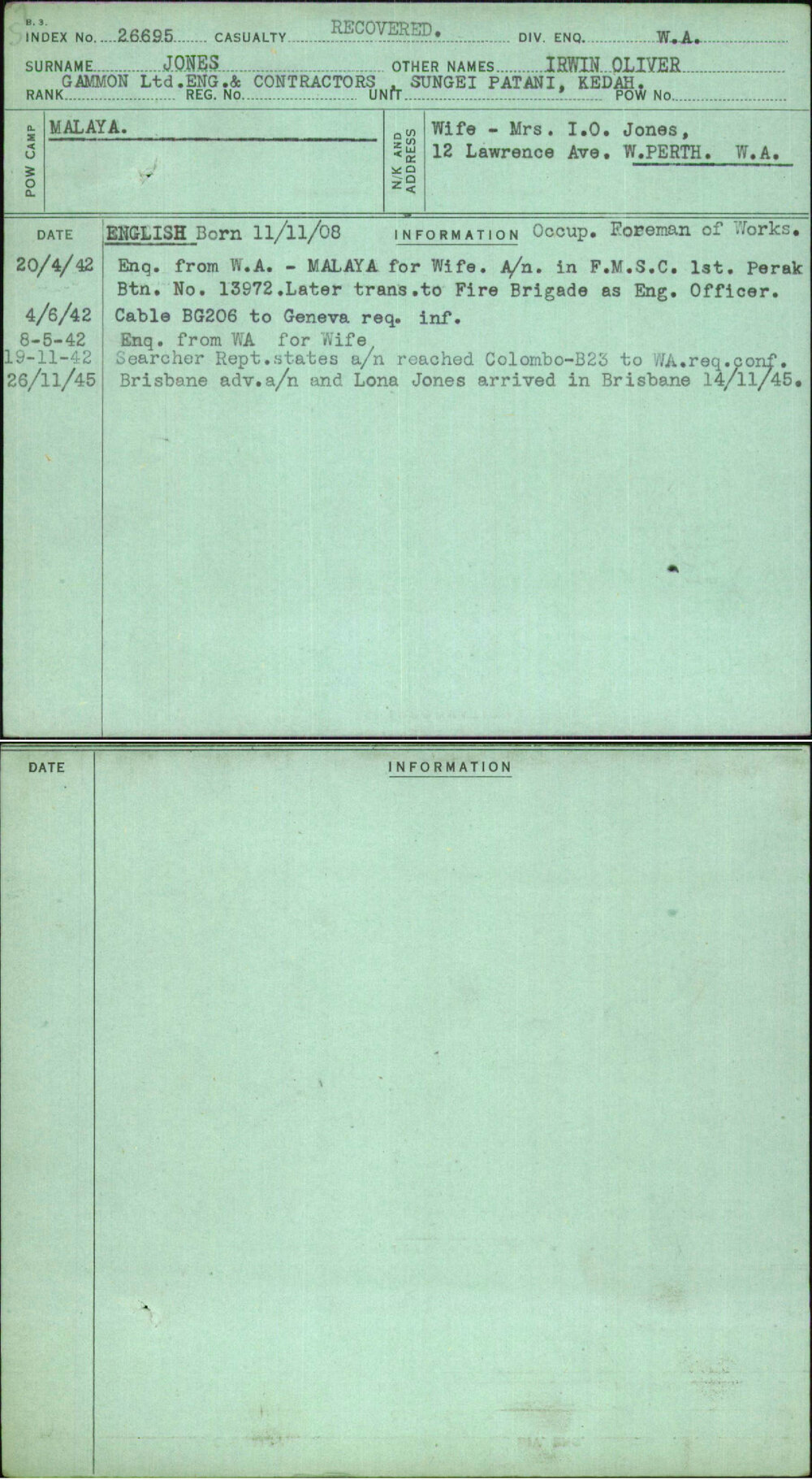 Jones, Irwin Oliver, [No Service Number]