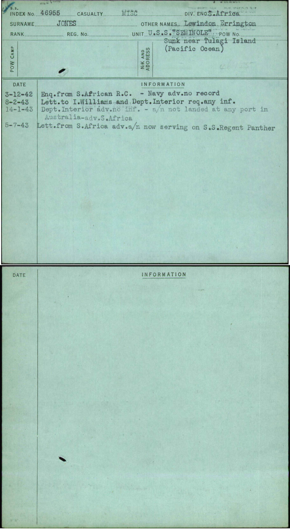 Jones, Lewindon Errington, [No Service Number]