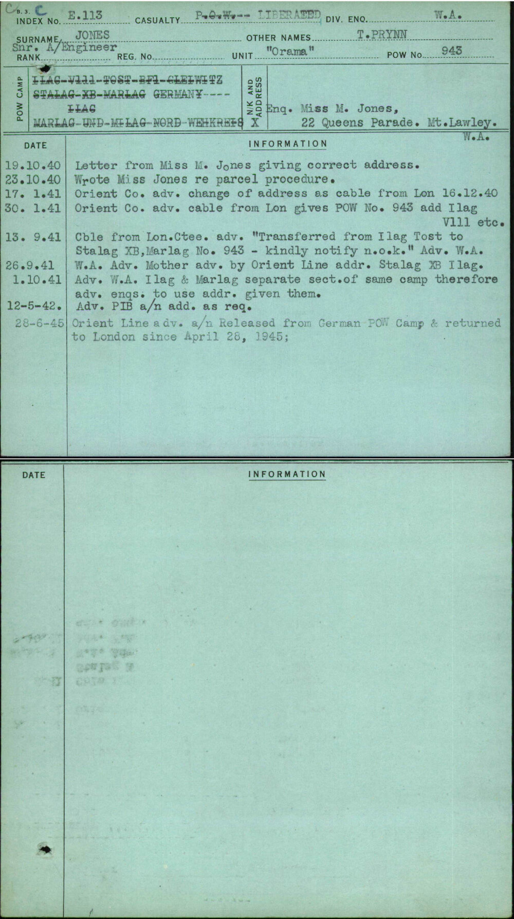 Jones, T Prynn, [No Service Number]