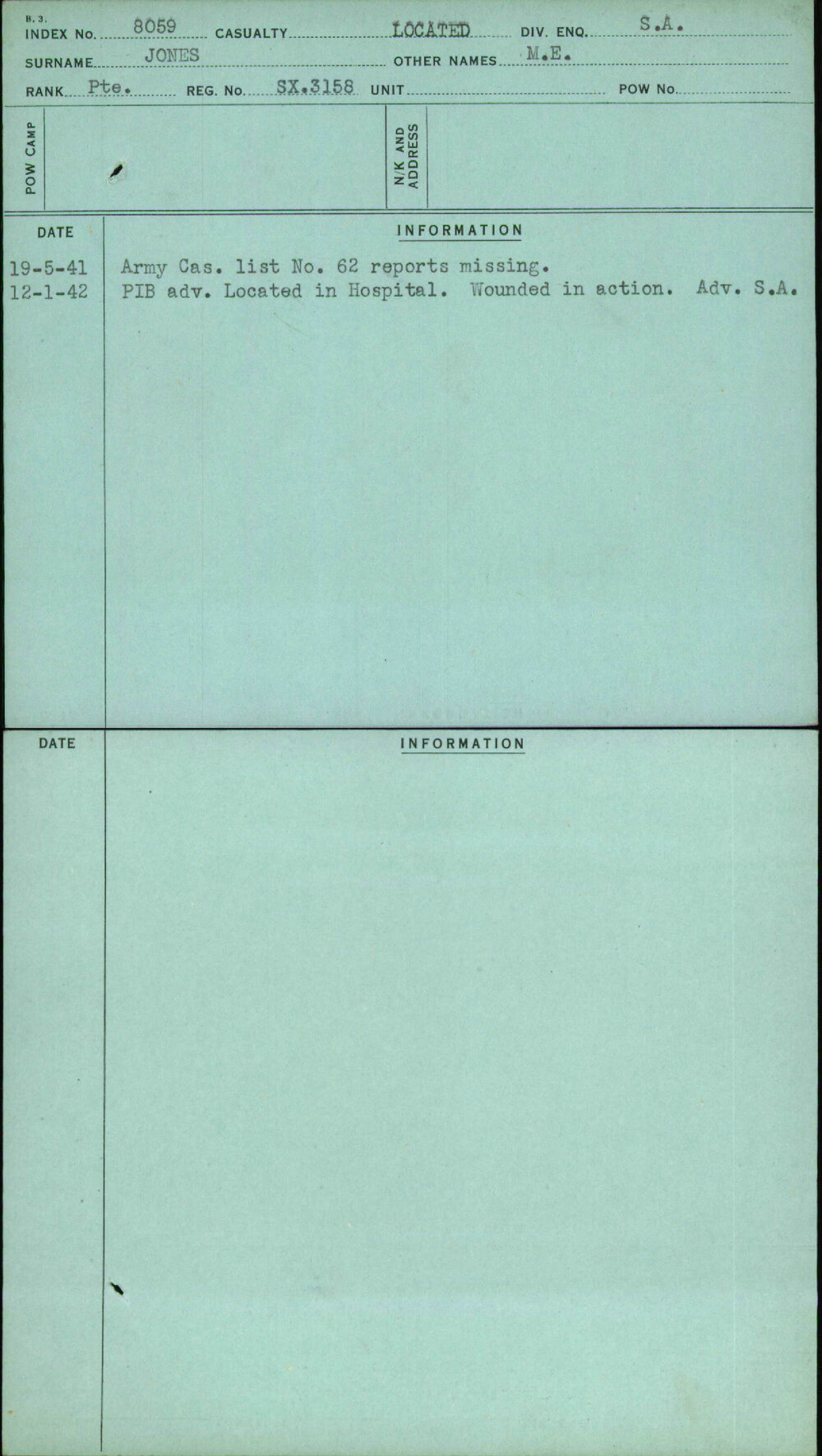 Jones, M E, SX3158