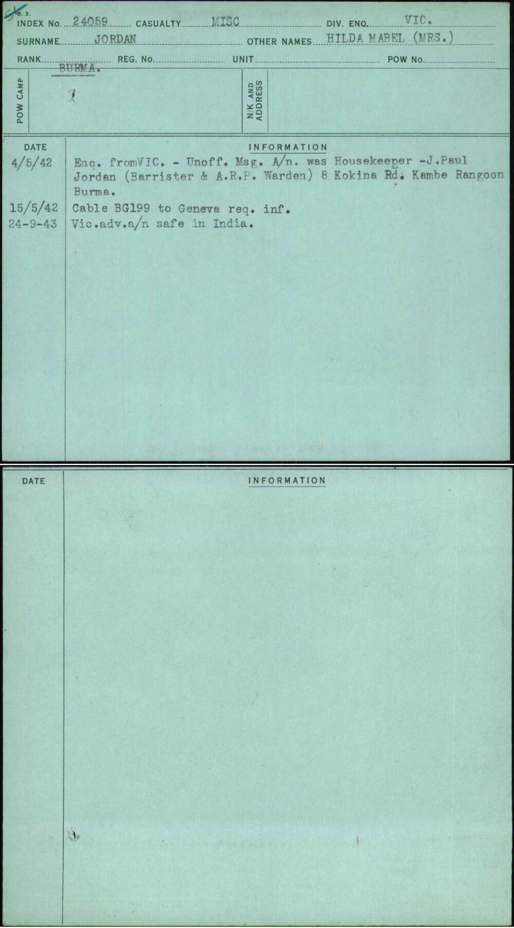 Jordan, Hilda Mabel (Mrs), [No Service Number]