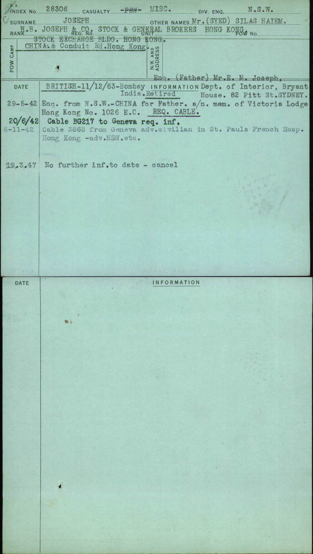 Joseph, Mr (Syed) Silas Haiem, [No Service Number]