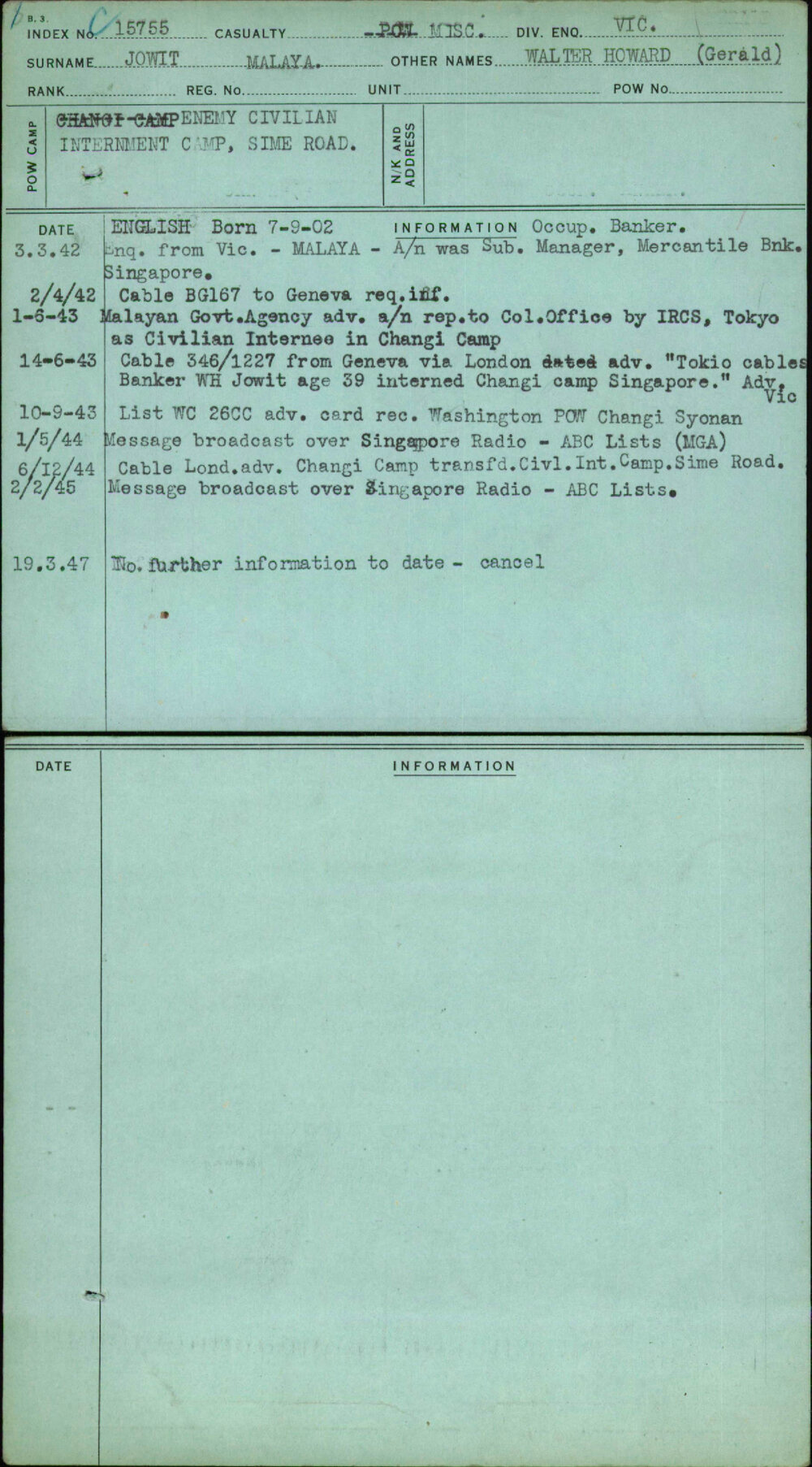 Jowit, Walter Howard (Gerald), Malaya