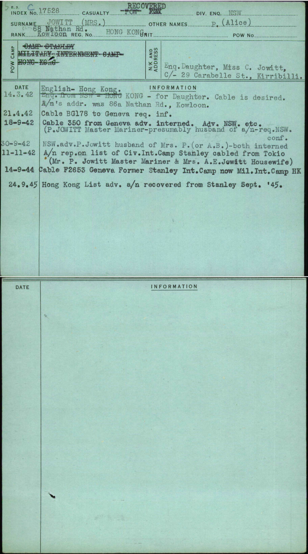 Jowitt (Mrs), P (Alice), Hong Kong