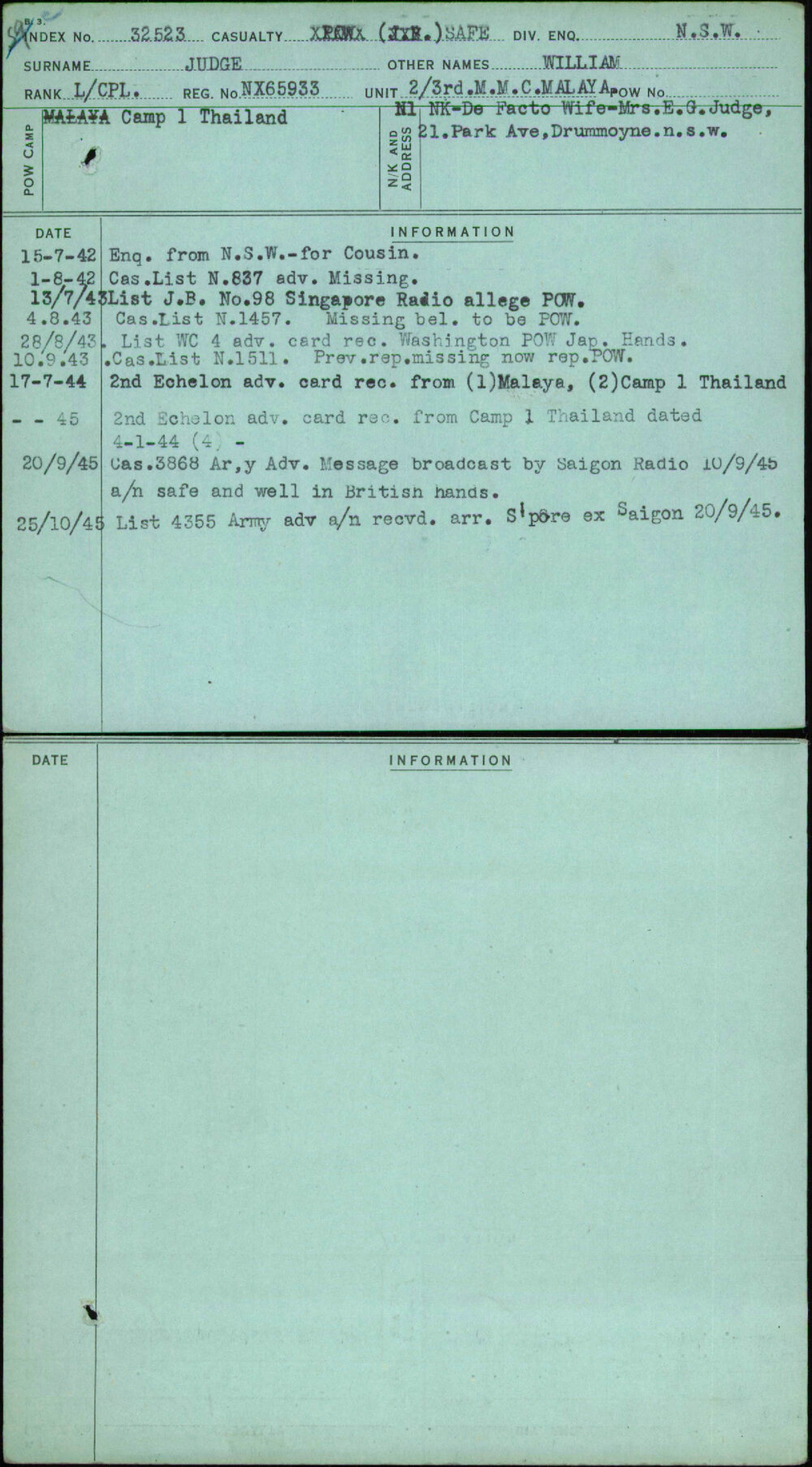 Judge, William, NX65933