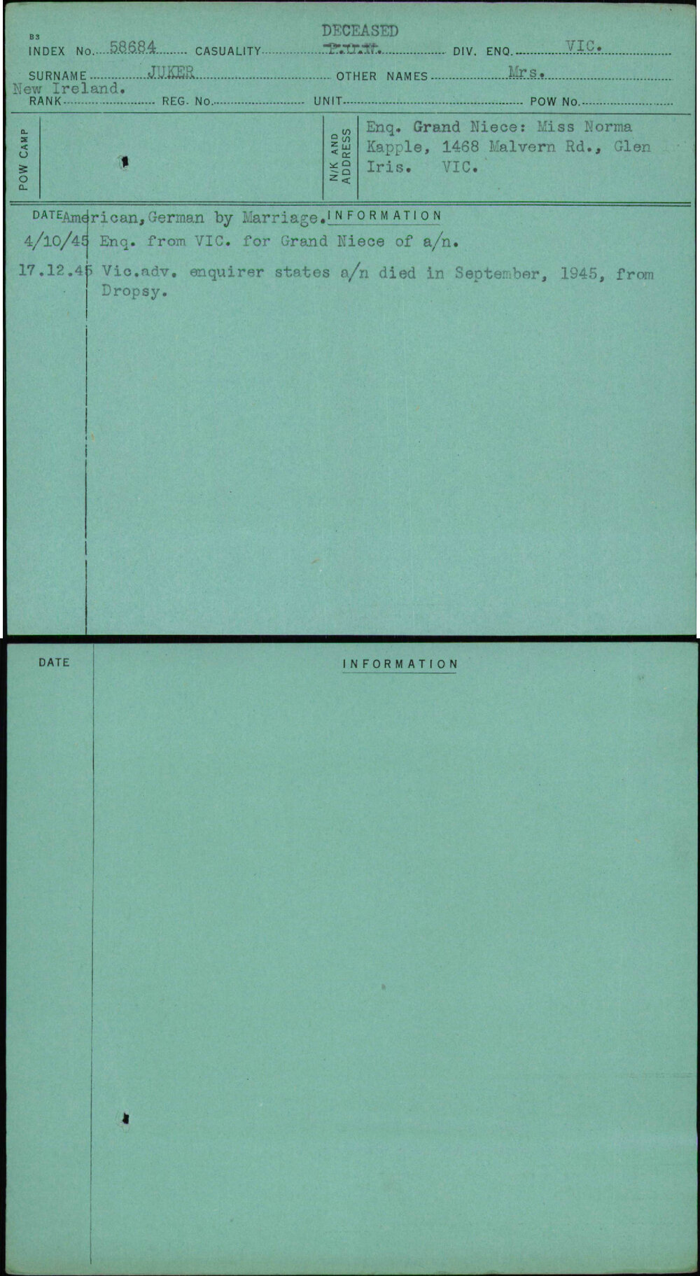 Juker, Mrs, [No Service Number]