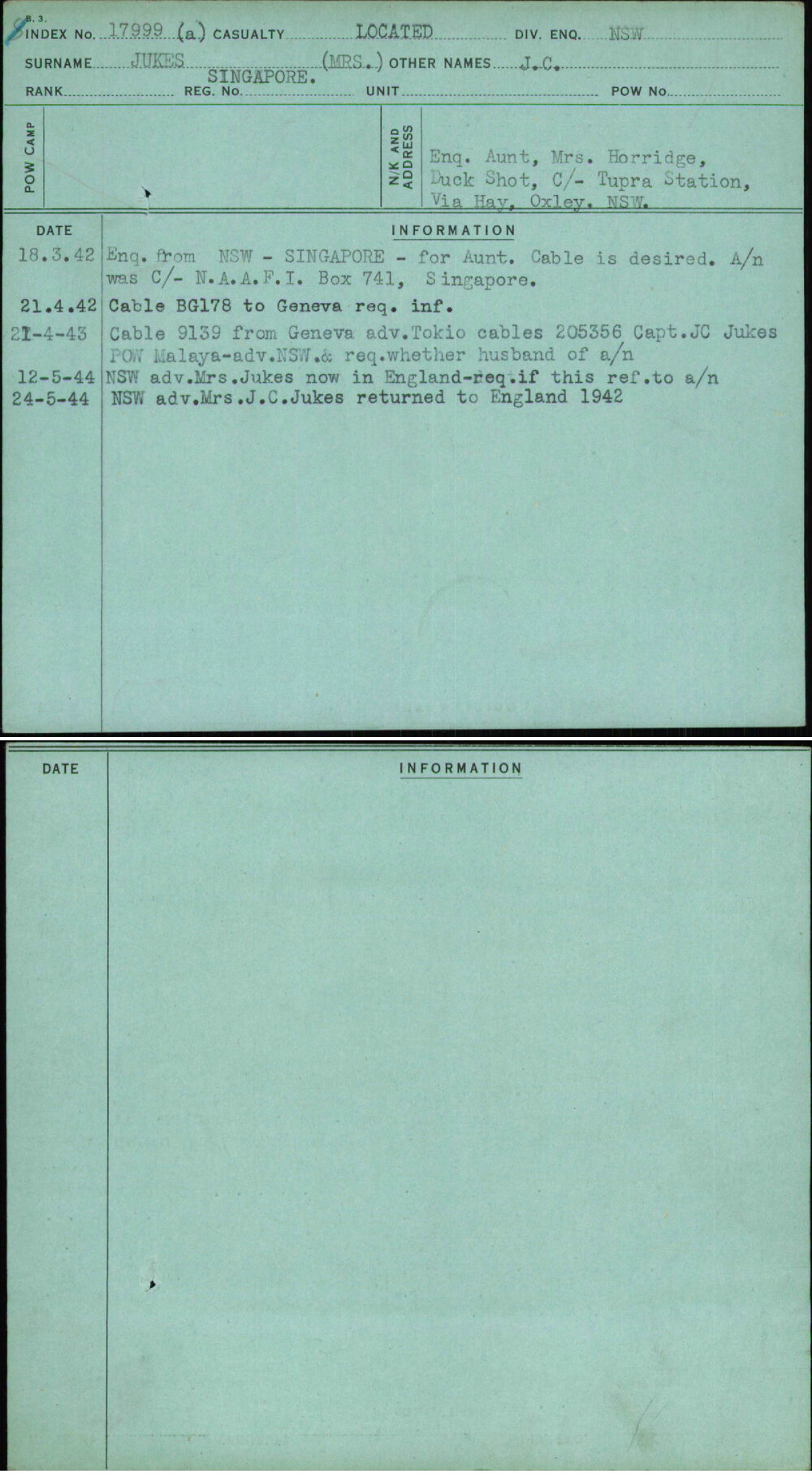 Jukes (Mrs), J C, Singapore