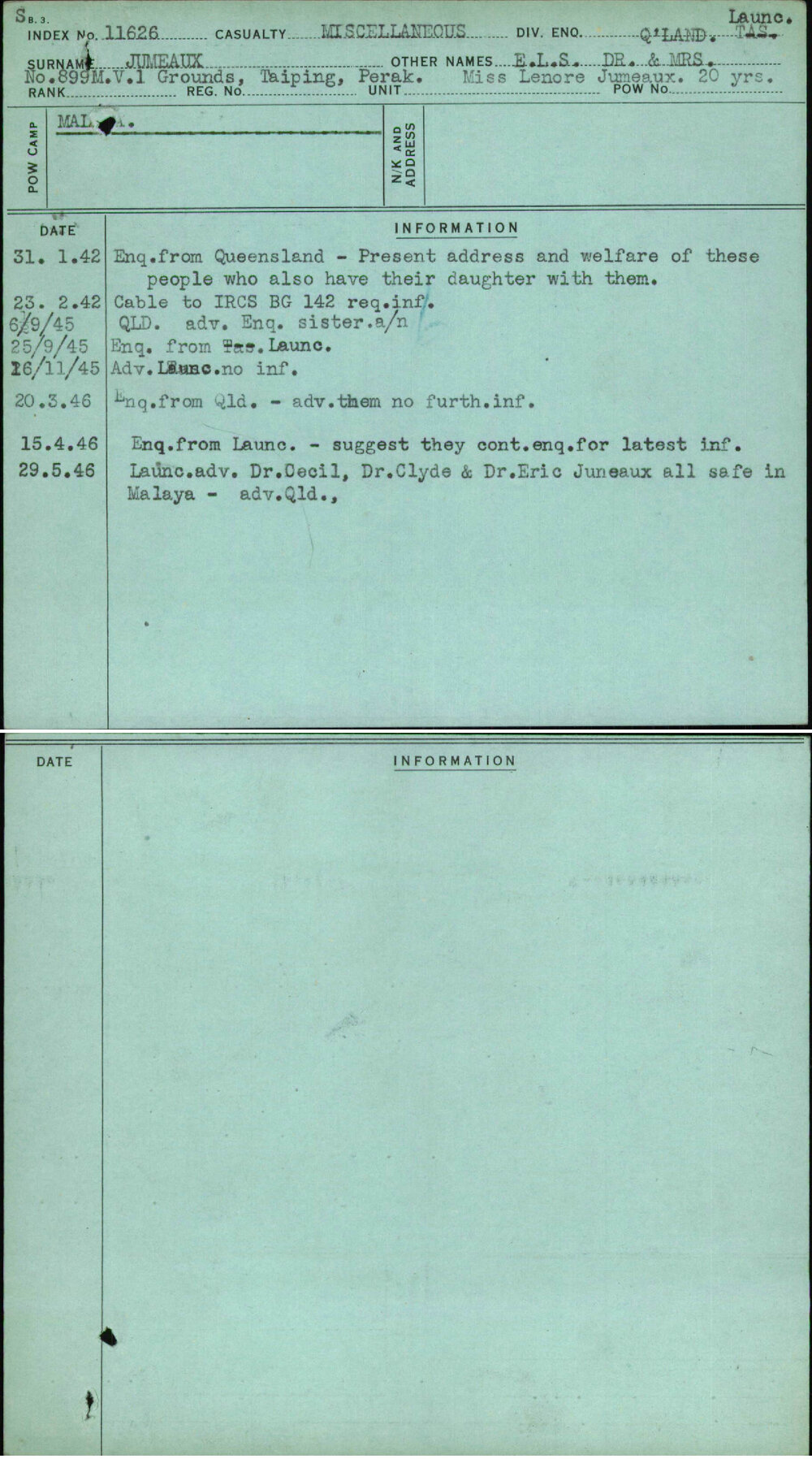 Jumeaux, E L S Dr &amp; Mrs, [No Service Number]