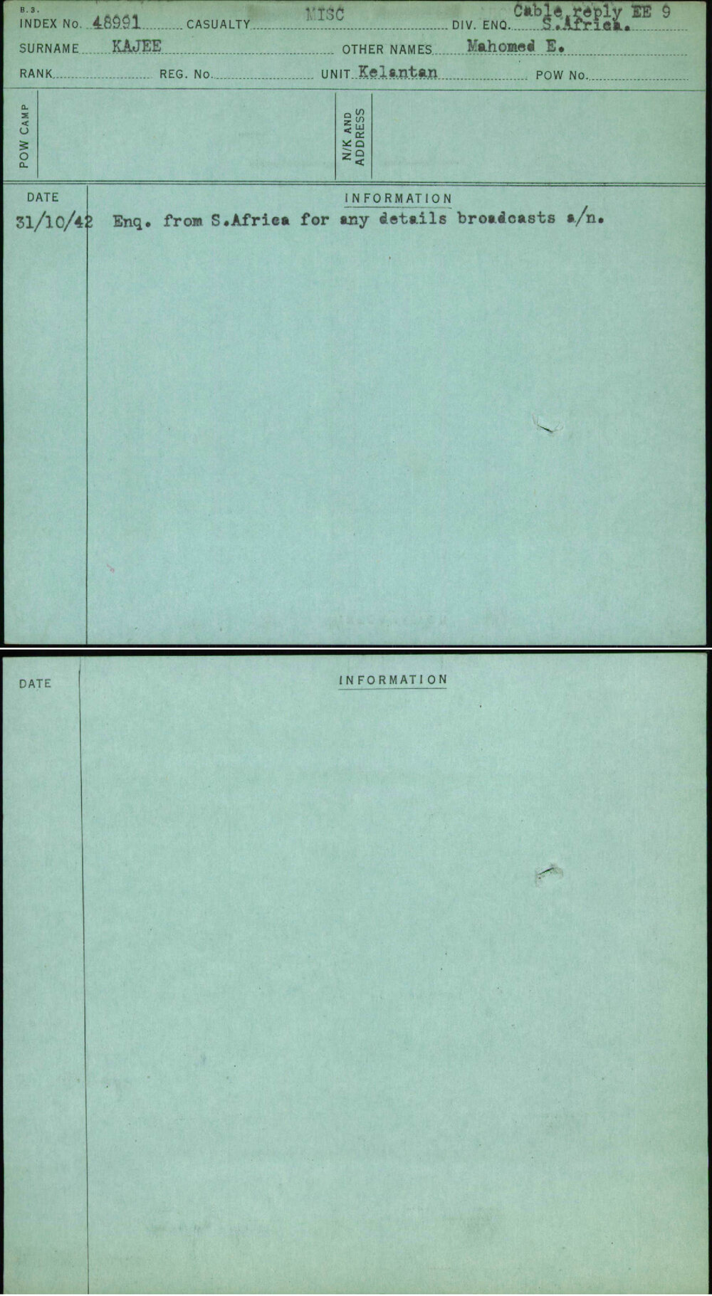 Kajee, Mahomed E, [No Service Number]