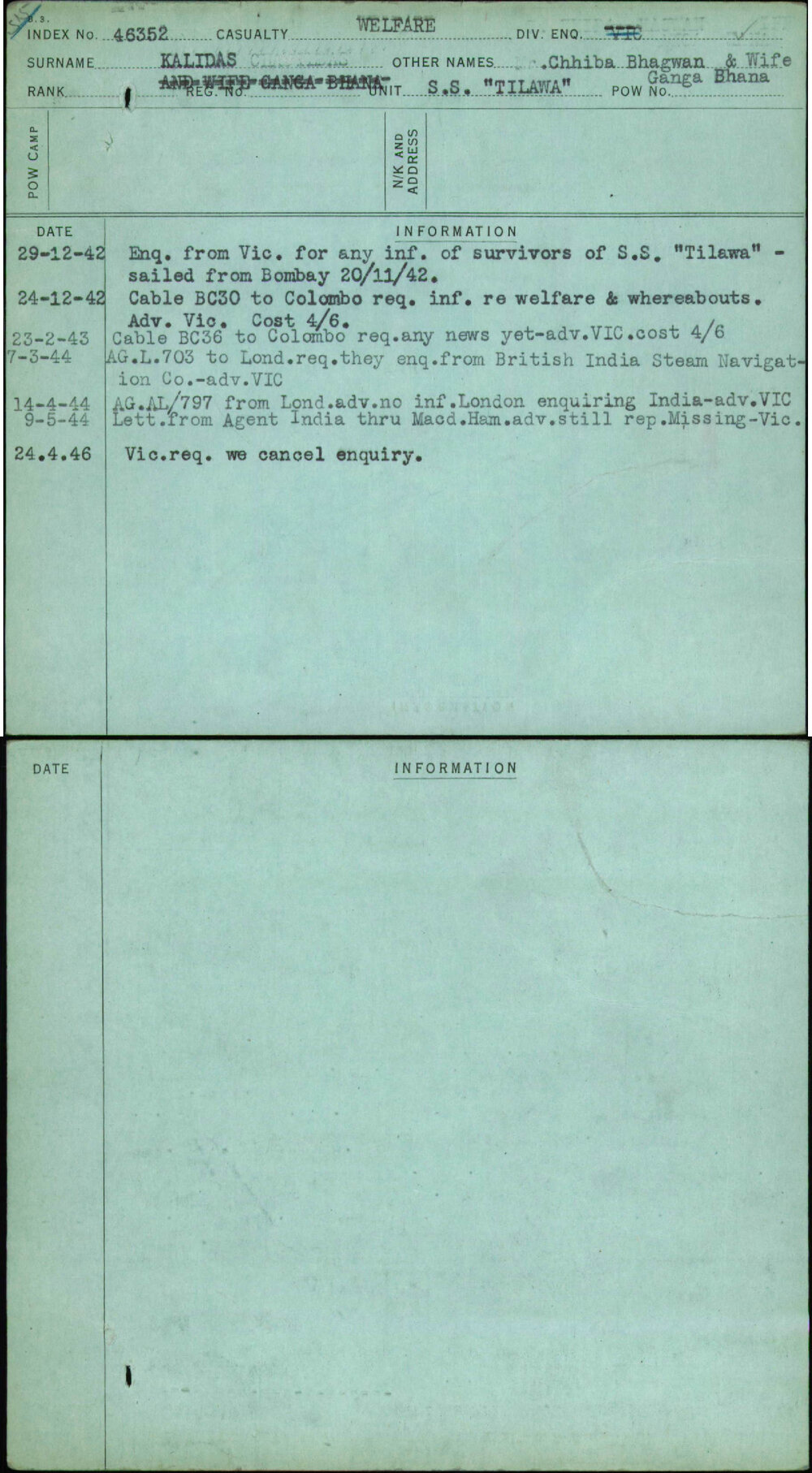 Kalidas, Chhiba Bhagwan &amp; Wife Ganga Bhana, [No Service Number]