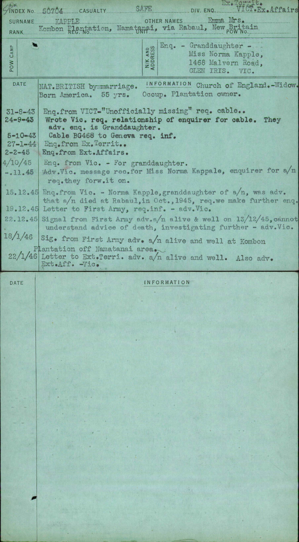 Kapple, Emma Mrs, [No Service Number]