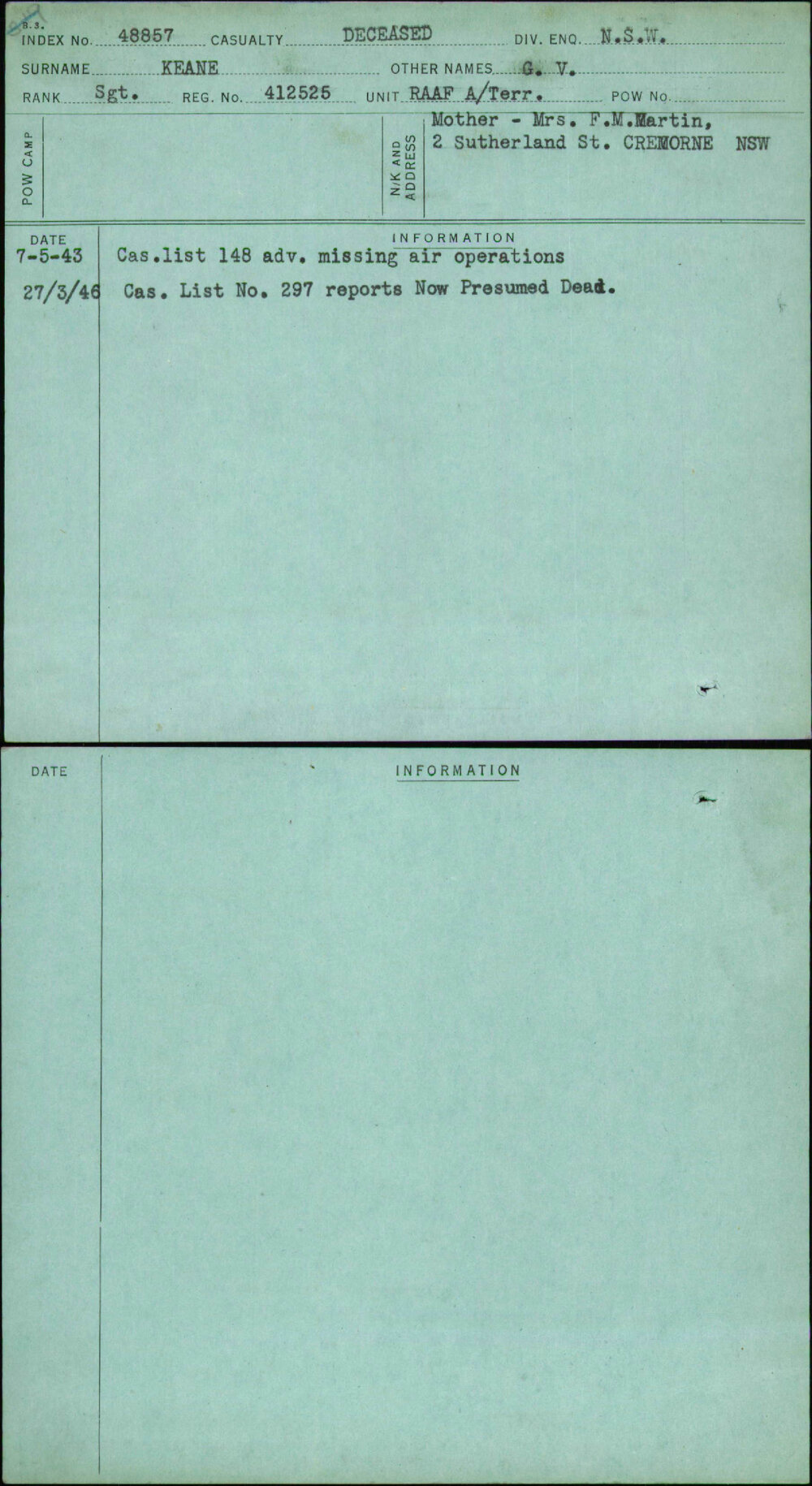 Keane, G V, 412525