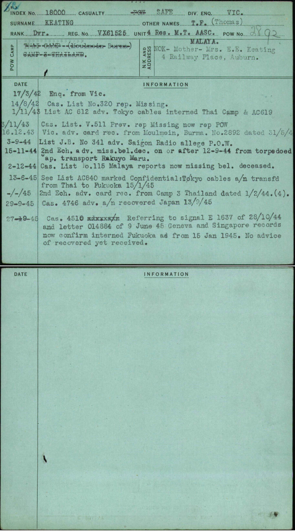 Keating, T F (Thomas), VX61525