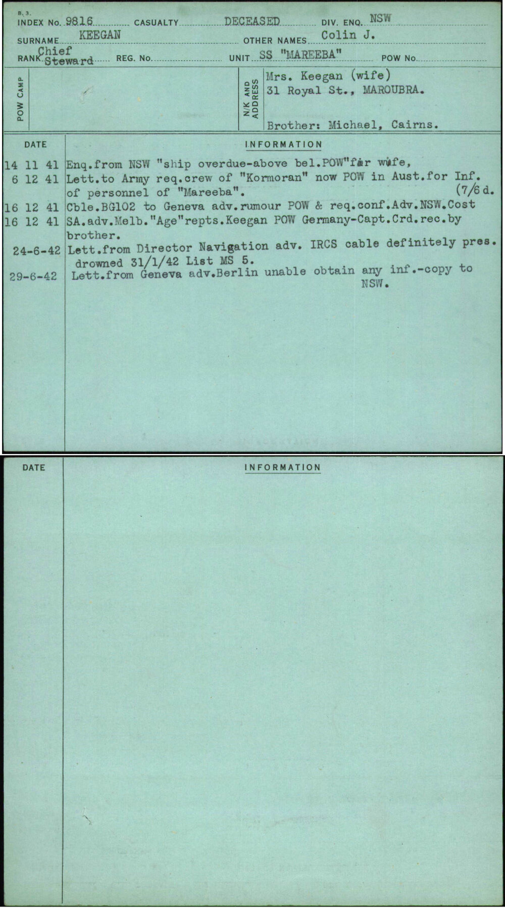 Keegan, Colin J, [No Service Number]