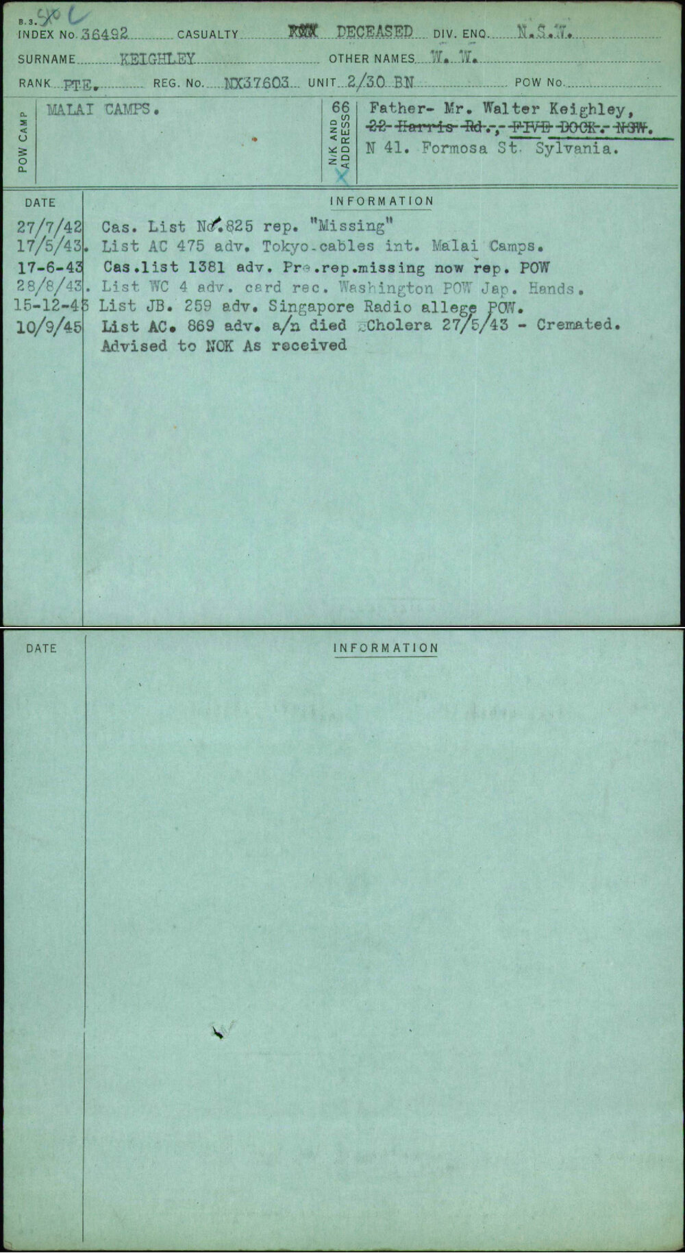 Keighley, W W, NX37603