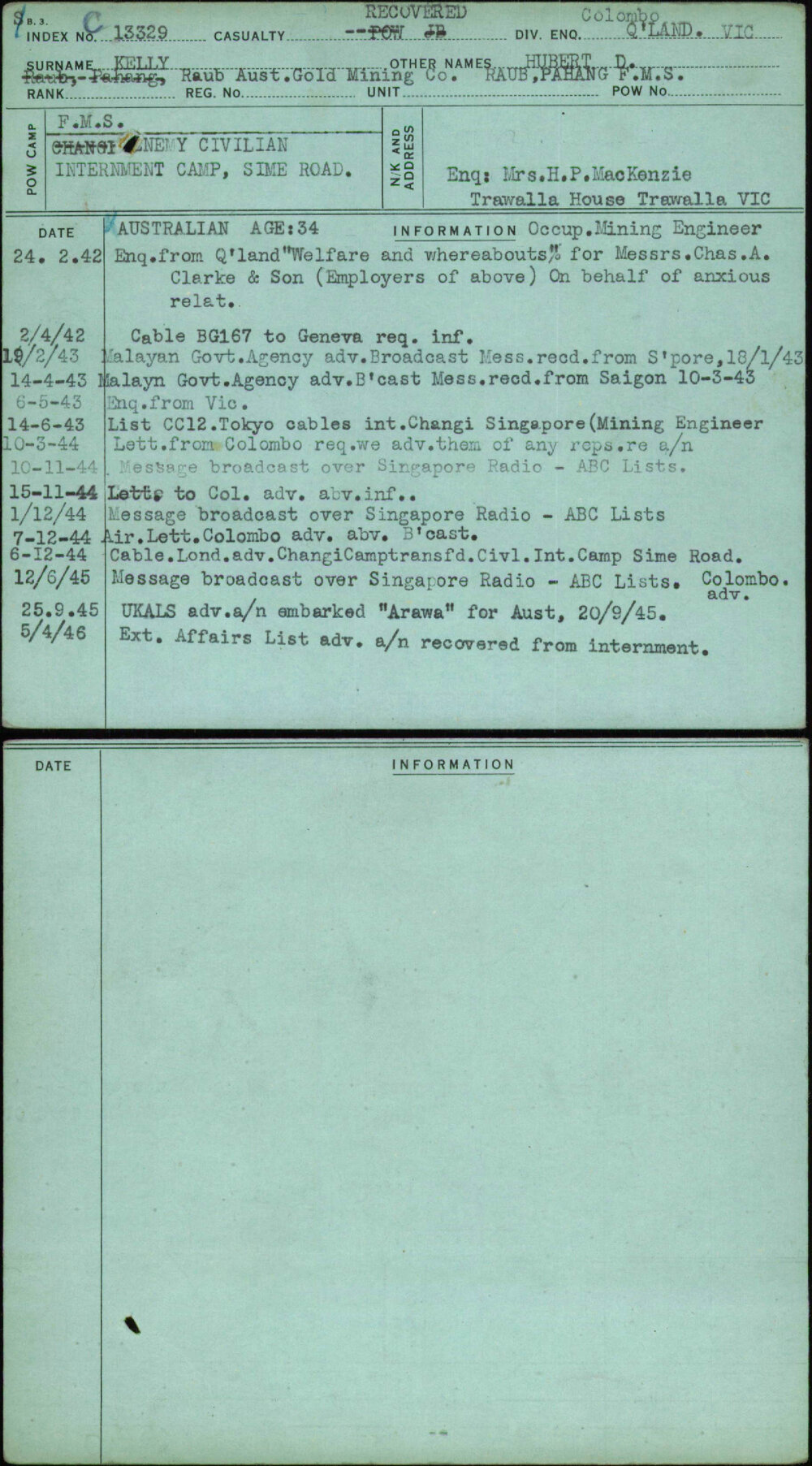 Kelly, Hubert D, [No Service Number]