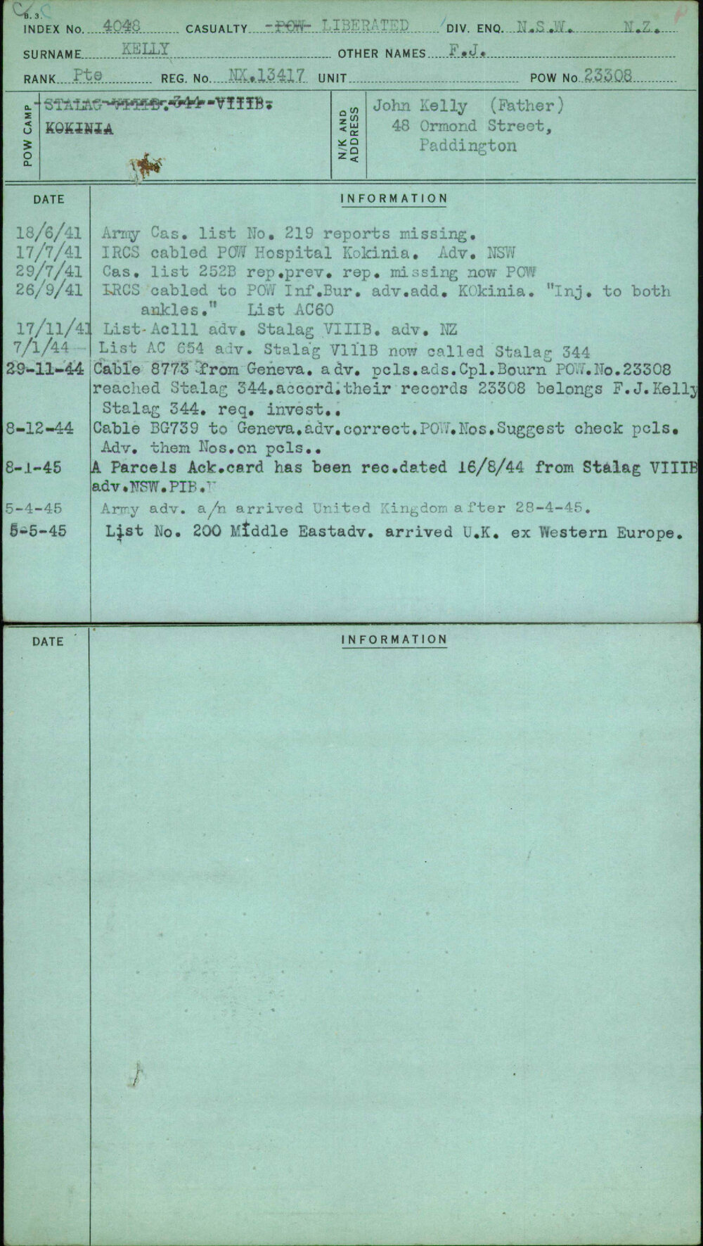Kelly, F J, NX13417