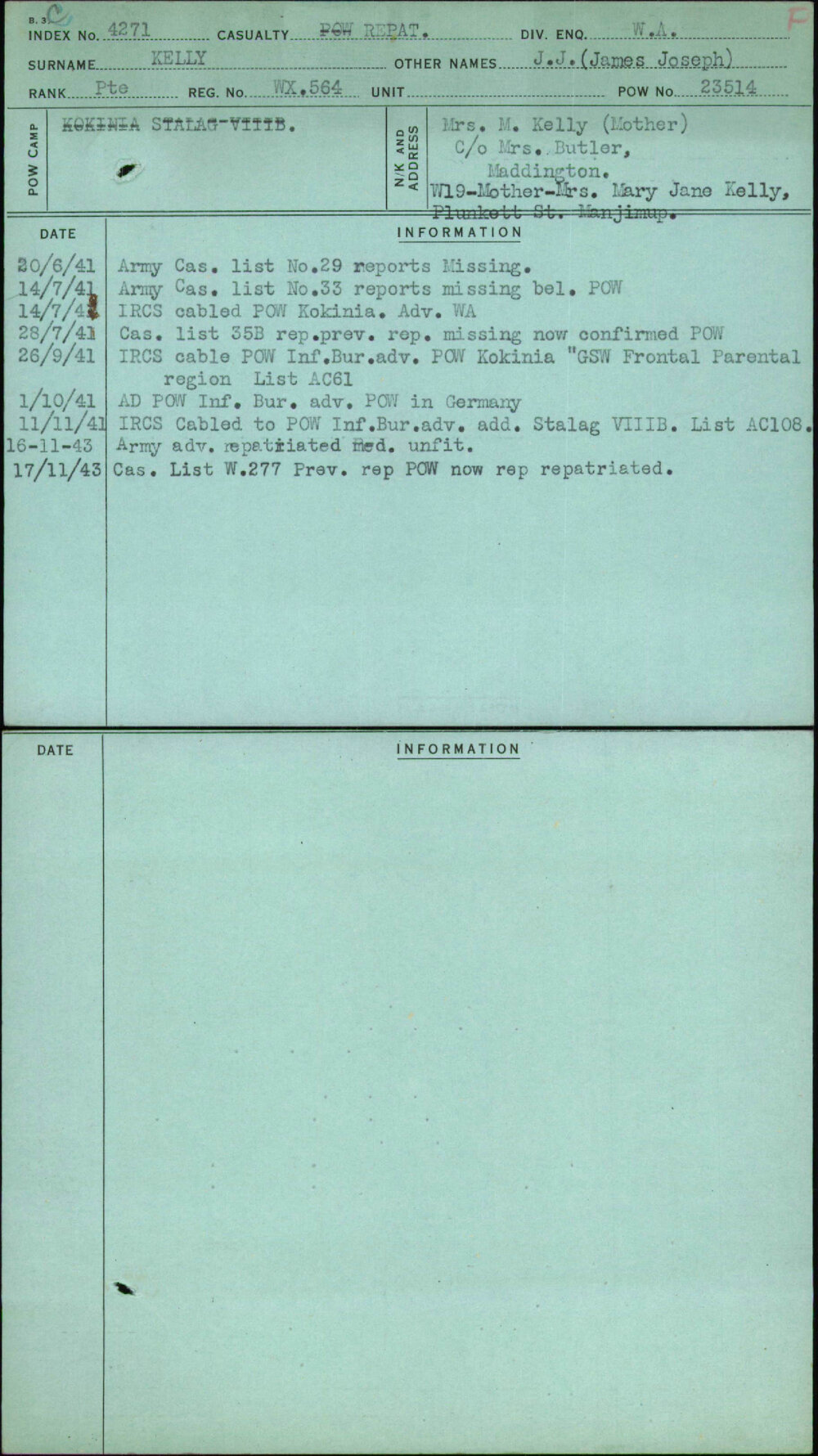Kelly, J J (James Joseph), WX564