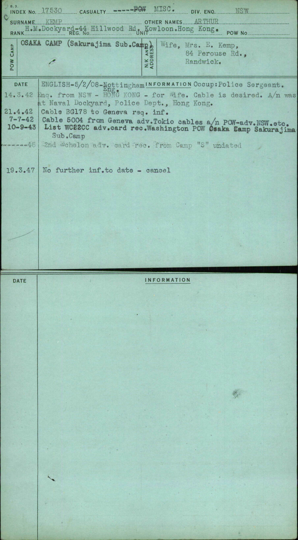 Kemp, Arthur, [No Service Number]